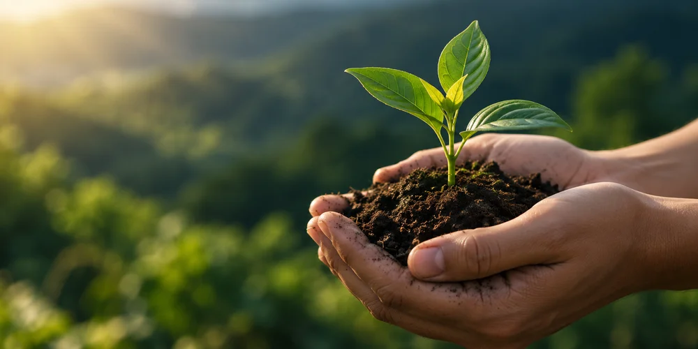 Seeds and a seedling, a conceptual image of growth