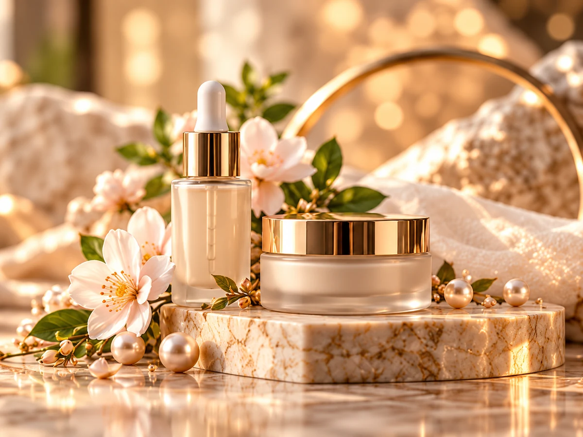 Conceptual beauty products with flowers, pearls and marble