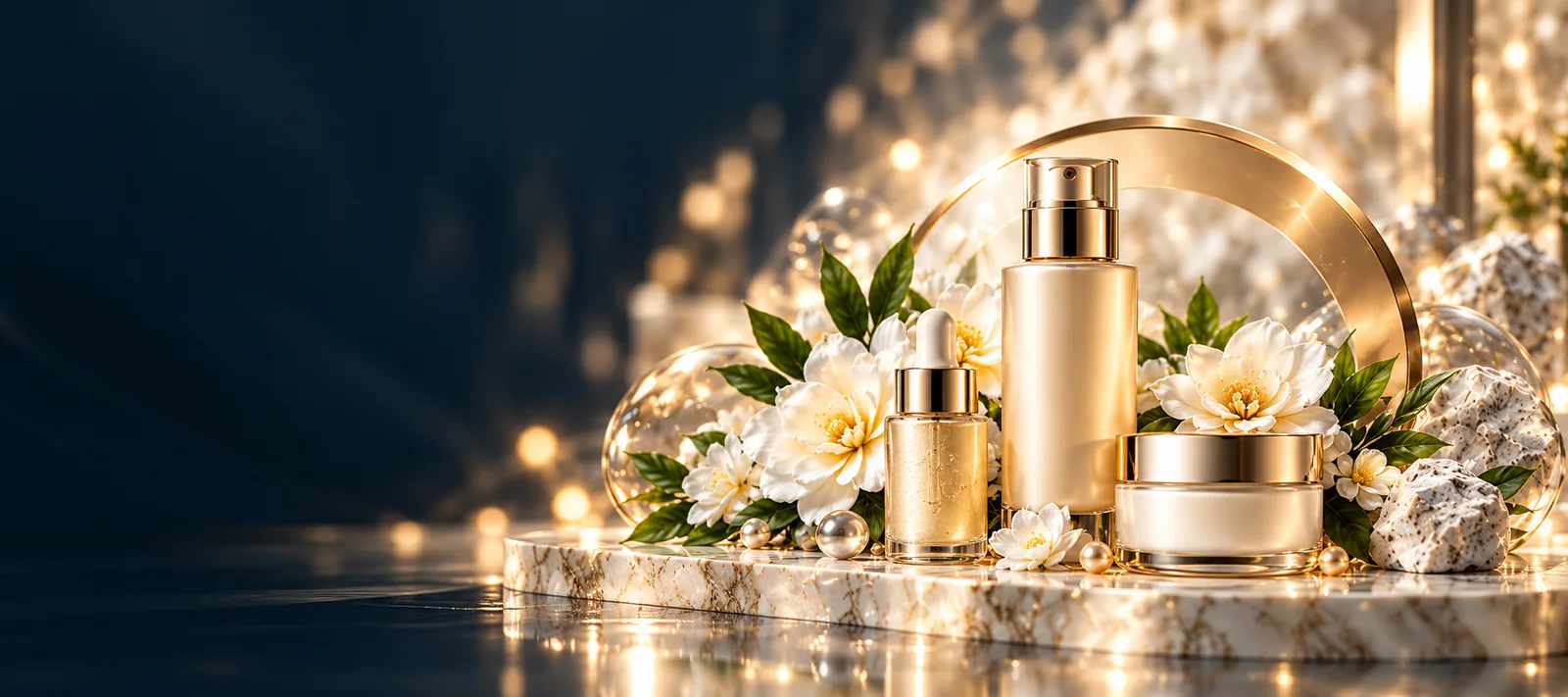 Conceptual unbranded champagne and pearl skincare still life