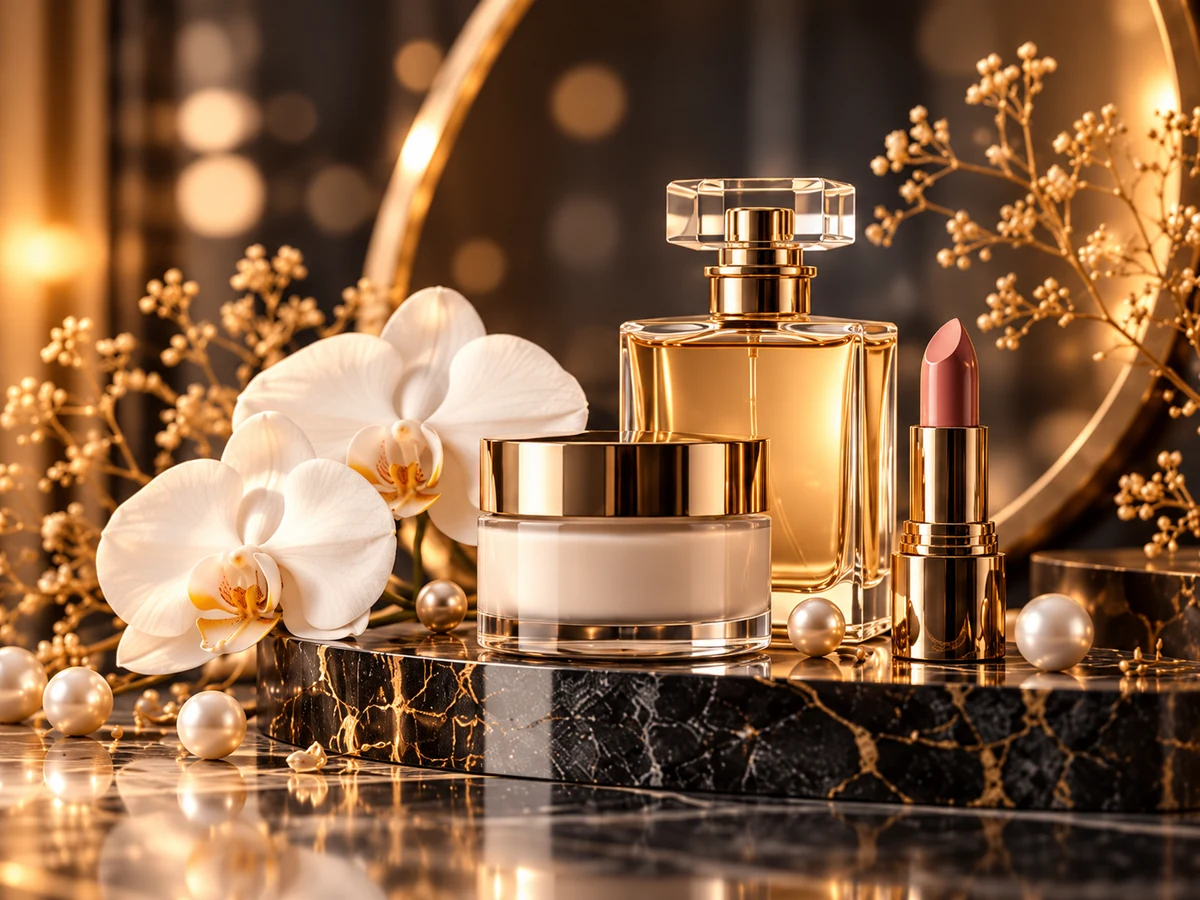 Conceptual beauty products with flowers, pearls and marble